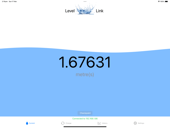 The LevelLink app showing the current tank level in metres