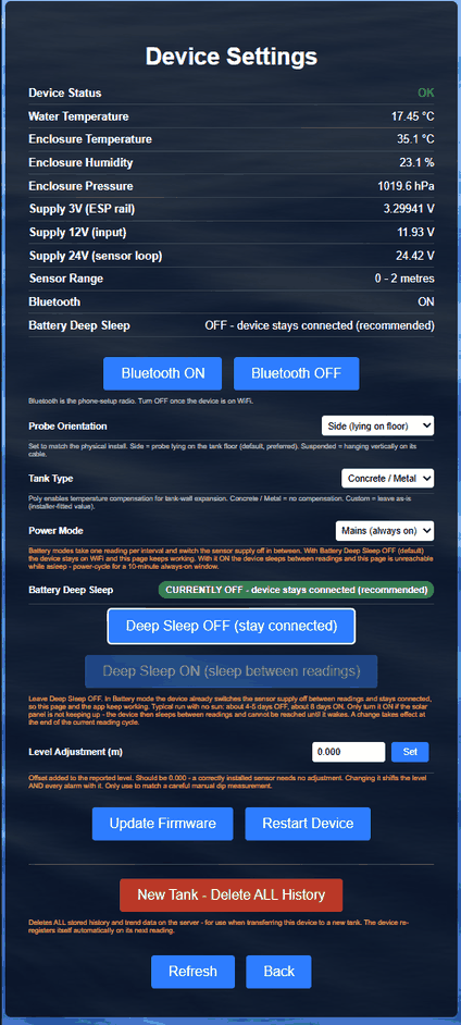 The LevelLink device settings page served by the unit itself, showing live rail voltages, enclosure readings, and controls for Bluetooth, probe orientation, tank type, power mode, deep sleep and level adjustment