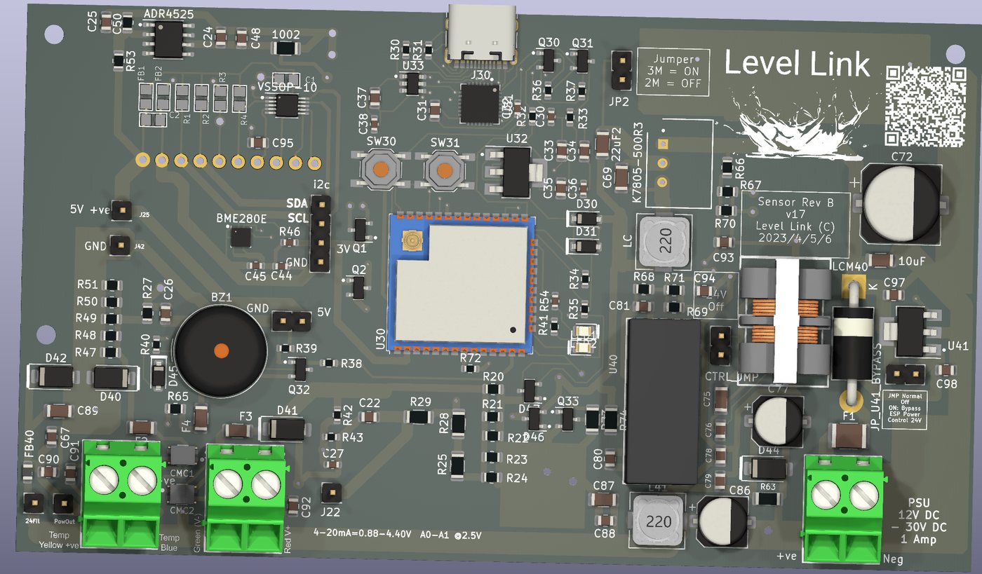 Raytraced render of the LevelLink Hardware B board, showing the ESP32 module, isolated supply, common-mode chokes and field terminal blocks